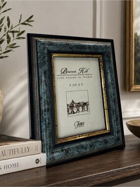 Fetco Teal Marble-Effect Frame with Gold Inner Trim